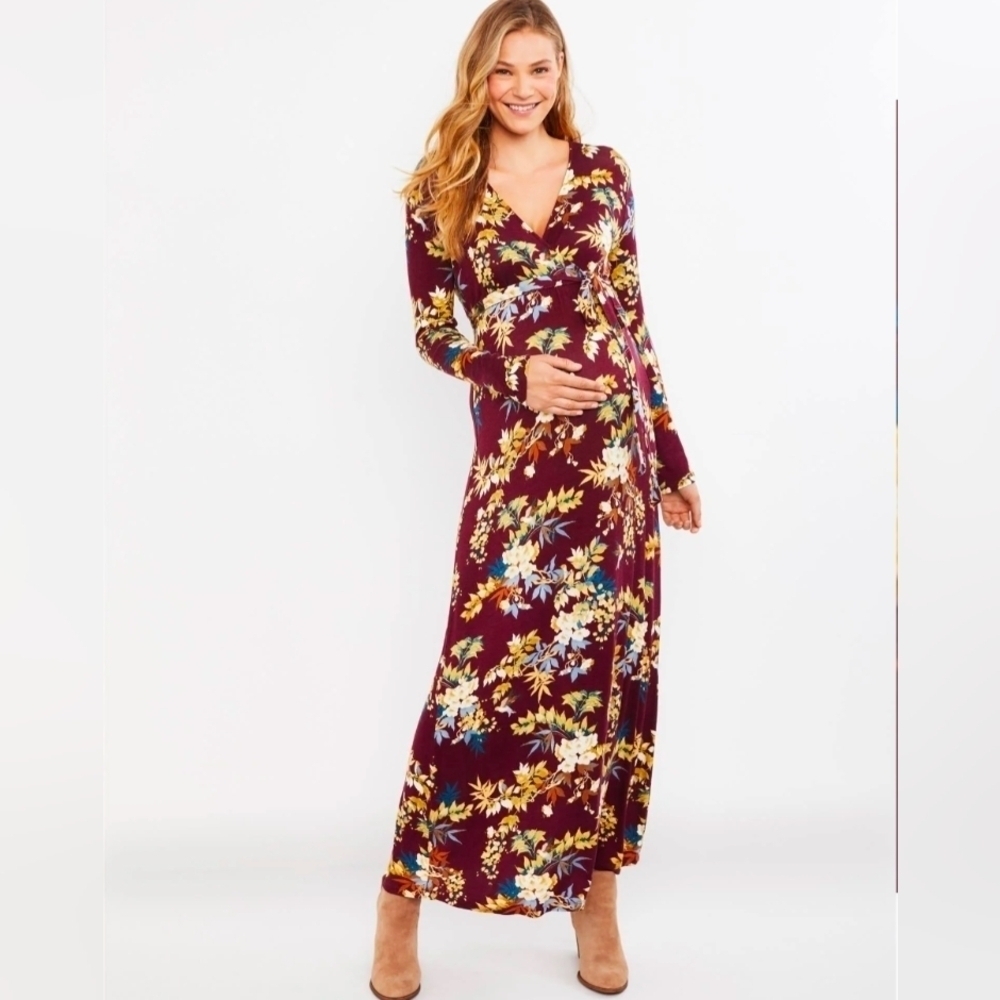 XL • Jessica Simpson Maternity •Floral Surplice Faux Wrap Long Sleeve Maxi Dress